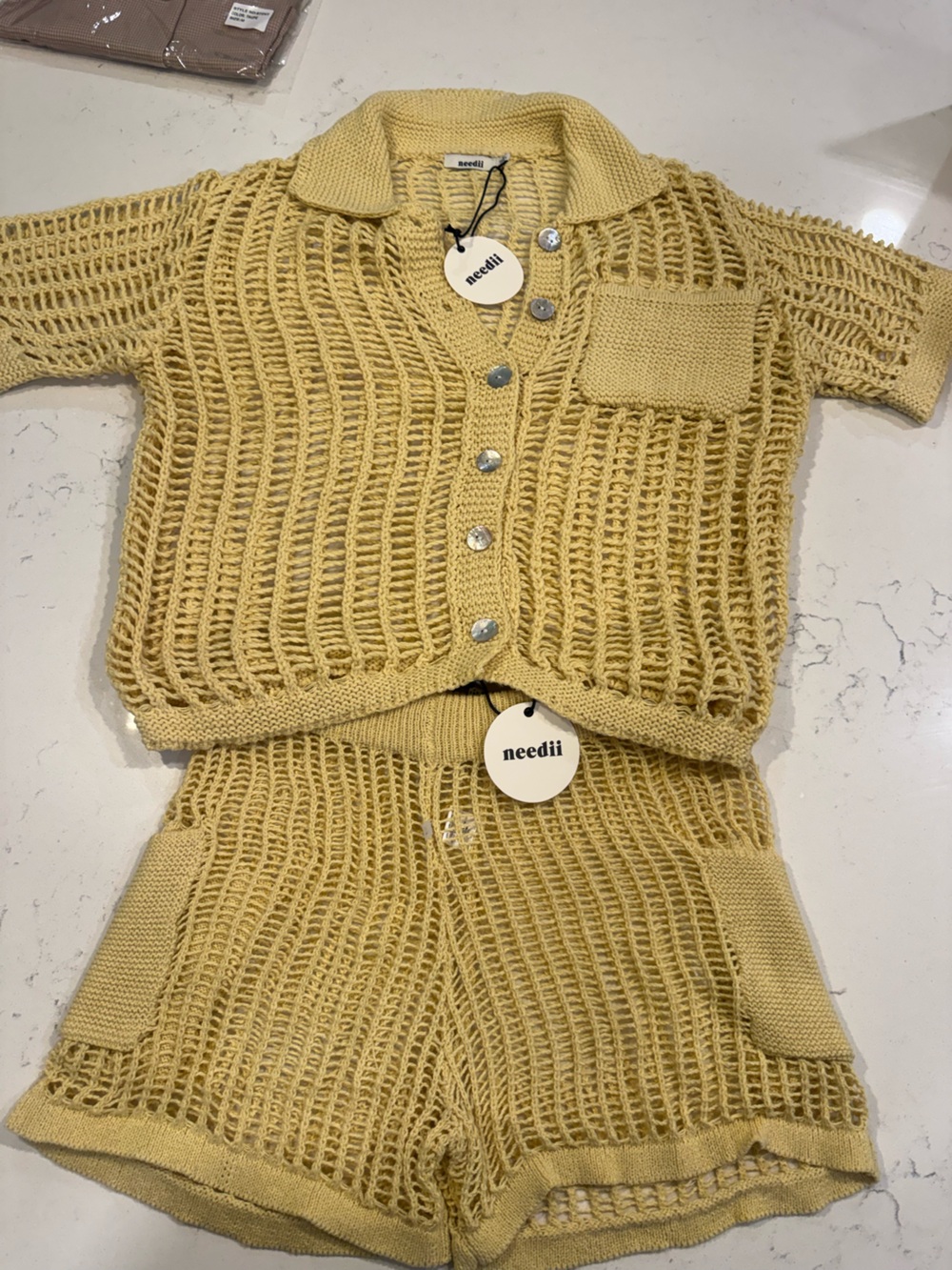 NWT Needii Open-Knit Yellow Women's Sweater with Embellished Buttons